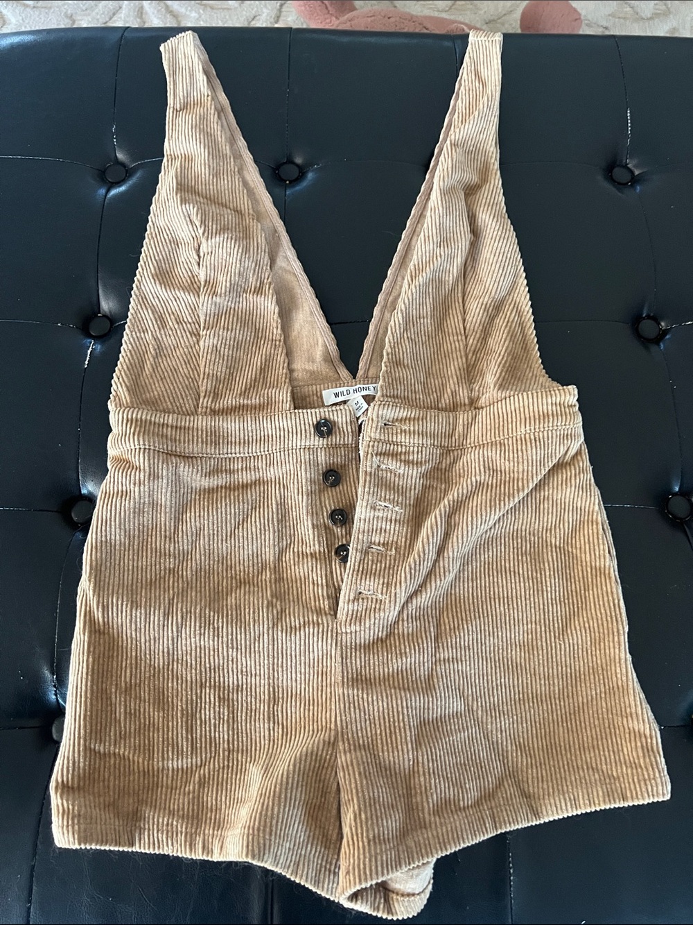Wild Honey Tan Corduroy Short Romper with Button Front